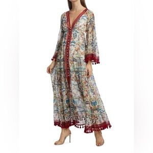 Alice + Olivia Alexandria Floral-Print Maxi Dress Bell Sleeve Fringe Size 8